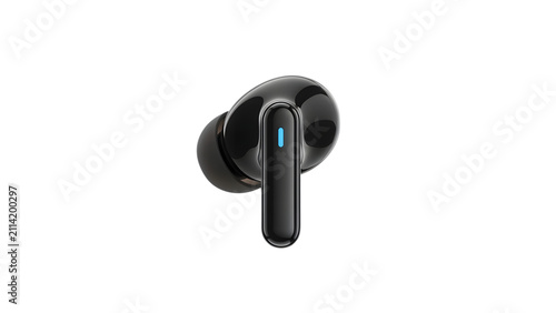 Single black wireless earbud with blue light indicator isolated on transparent background