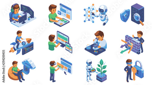 Colorful flat design icons of technology and business concepts.