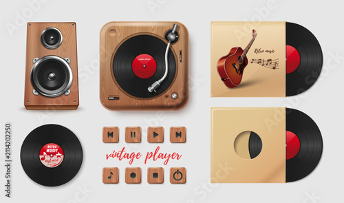 Vector set of retro music elements: vinyl record player, wooden speaker, control buttons, vinyl disc and album covers with guitar illustration on beige background.