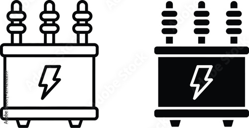Transformer Icon Set featuring electrical power transformer, energy distribution equipment, voltage conversion, utility infrastructure, and editable vector symbols in outline and solid styles.