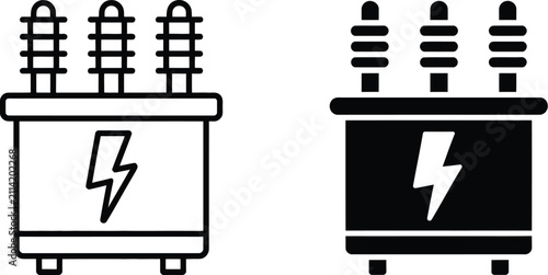 Transformer Icon Set featuring electrical power transformer, energy distribution equipment, voltage conversion, utility infrastructure, and editable vector symbols in outline and solid styles.