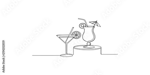Continuous single line drawing of two cocktails with fruit slices and straw and umbrella in minimalist style