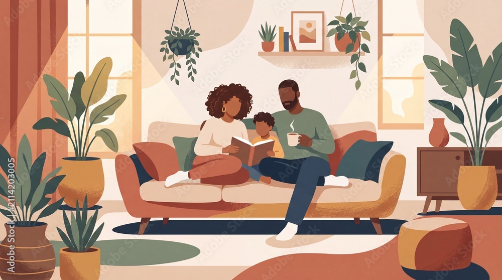 Fototapeta premium Diverse couple with child reading book together on couch in modern living room