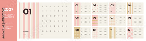 Obraz na płótnie Cute striped 2027 printable calendar with decorative patterns, Monday week start
