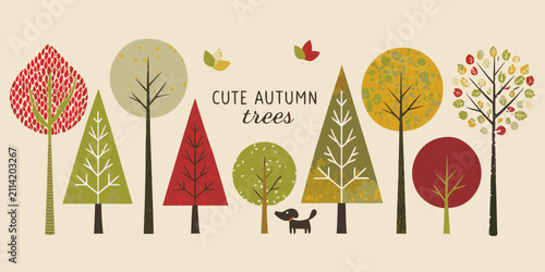Cuadro en lienzo autumn trees in flat illustration style with colorful foliage fall seasonal plan