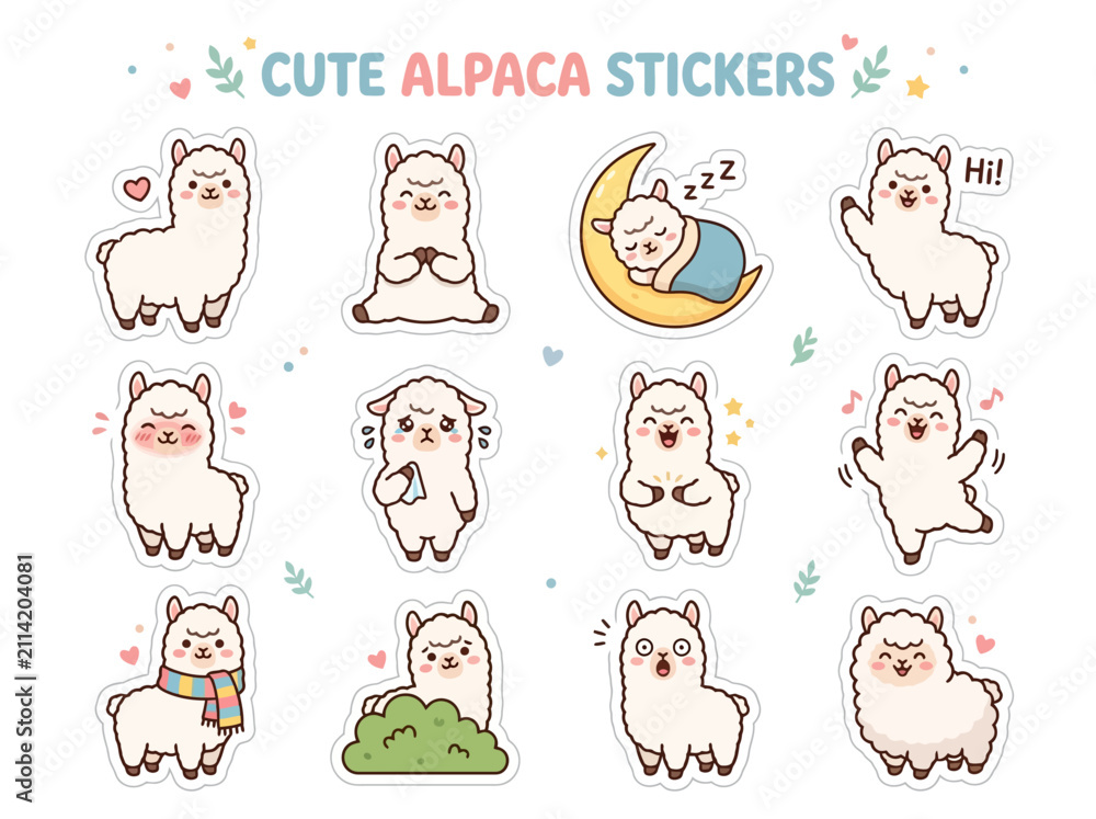 Fototapeta premium A collection of twelve cartoon alpaca stickers arranged on a white background with decorative leaves and stars