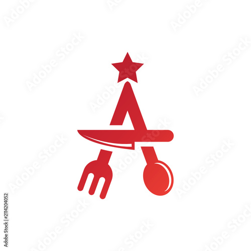 Letter A Restaurant Logo with Utensils and Star