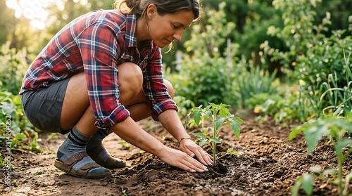 Woman planting a young green plant in a garden bed outdoors