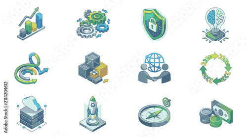 Colorful Isometric Technology and Business Icons Collection.