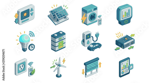 Colorful Isometric Technology and Smart Home Device Icons.