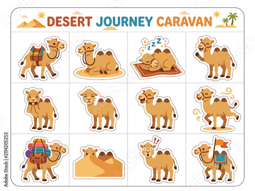 A grid of 12 distinct cartoon camel stickers with various expressions and gear labeled DESERT JOURNEY CARAVAN