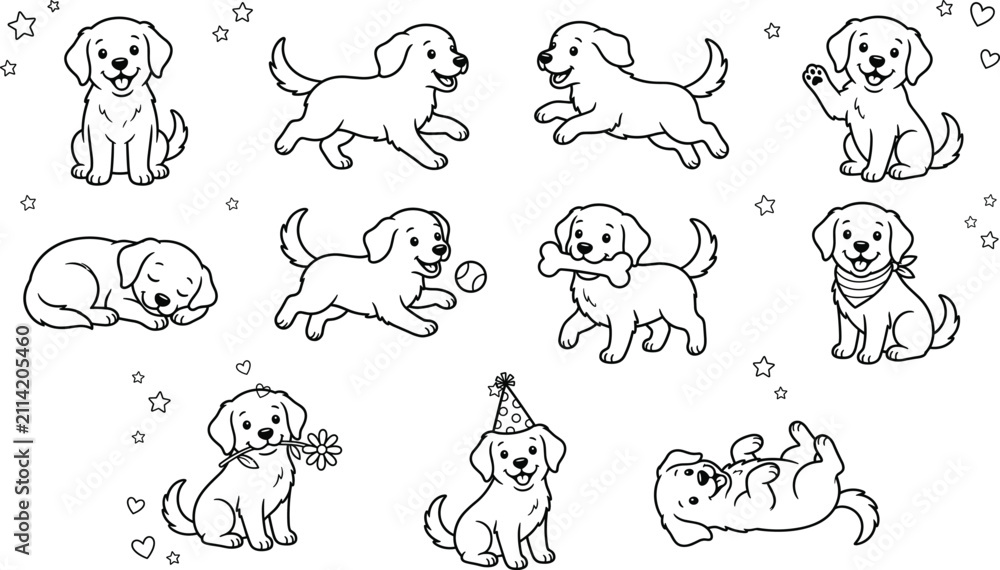 Obraz premium Cute Puppy Dog Outline Illustration Set with Playing Sleeping Sitting and Happy Cartoon Poses