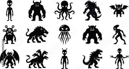 Fantasy Monster Silhouettes Set with Alien Demon Dragon Kraken Hydra and Mythical Creatures