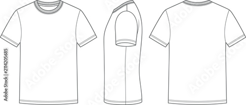 Basic short sleeve t-shirt technical flat sketch front back and side view vector mockup template