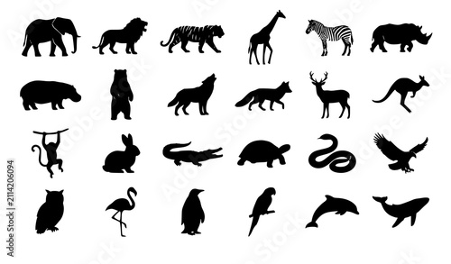 Canvas Print Wild Animal Black Silhouette Icons Set with Mammals Birds and Reptiles Vector Co