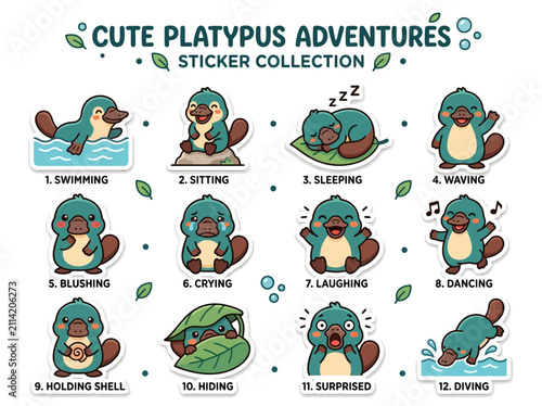 A set of twelve labeled cartoonstyle stickers featuring a blue platypus in various expressive poses and activities