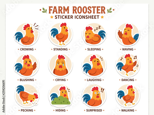 A sticker icon sheet featuring twelve illustrated rooster expressions labeled with their respective actions