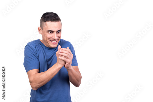 Canvas Print Man scrubbing his hands with a greedy expression