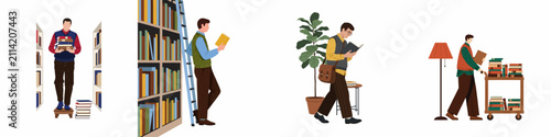 Bild auf Leinwand Flat illustration set of men engaged in various library activities like reading, shelving books, and using a book cart in a cozy environment