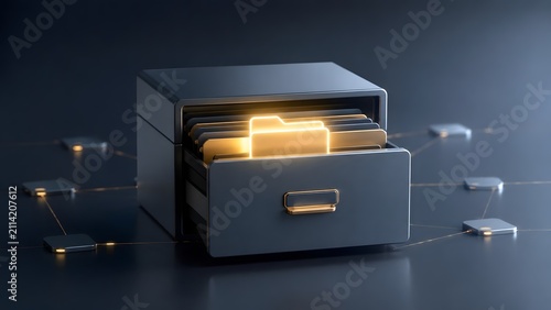3D filing cabinet drawer with a glowing golden folder representing important data retrieval and secure digital archive