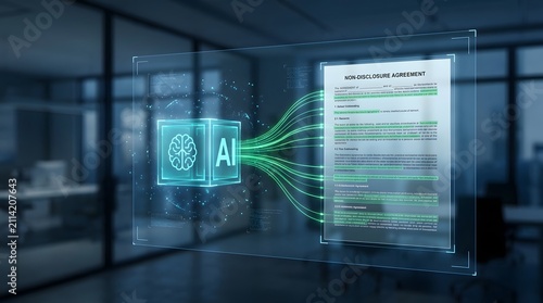 Artificial intelligence analyzing non disclosure agreement legal document with glowing connections in modern office setting