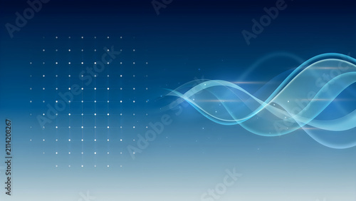Abstract digital background featuring glowing blue wave patterns and geometric grid light points