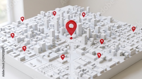 3D isometric miniature city model with red location pin markers representing real estate navigation and urban logistics planning on clean white background for map services