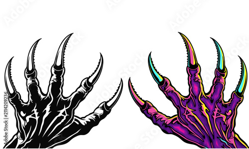 Intricate digital illustration of stylized claw hands with contrasting black and neon glowing purple fantasy design for fantasy art, gaming, and dark concept projects