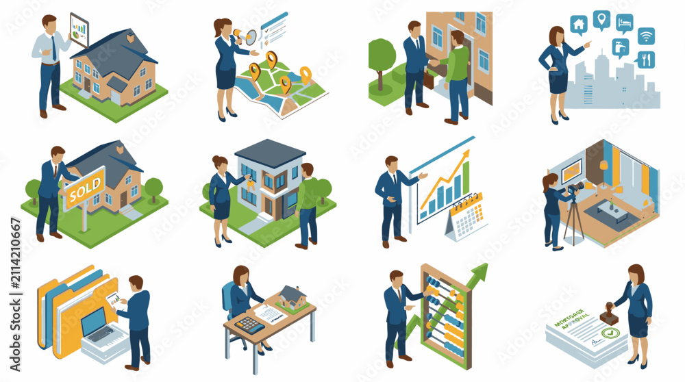 Naklejka premium Diverse business professionals in various work environments.