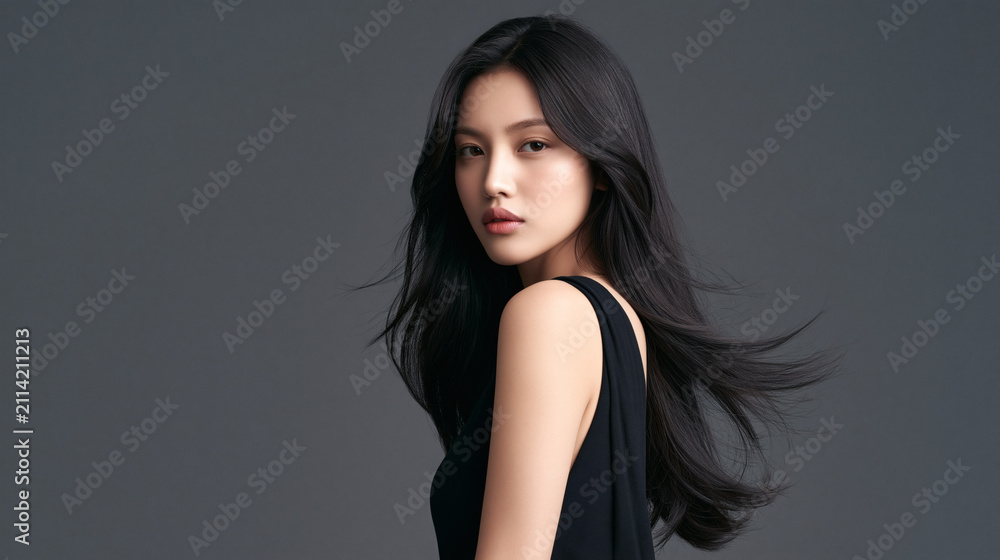 Fototapeta premium A beautiful young woman with long black hair posing gracefully and looking at the camera against a plain dark gray studio background
