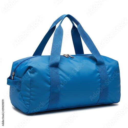 Vibrant blue duffel bag with sturdy handles and zipper closure isolated on white background
