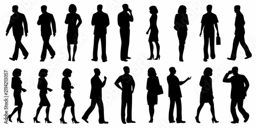 set of human figure silhouettes on white background silhouette people person profile standing walking gesture posture black transparent vector illustration graphic design icon