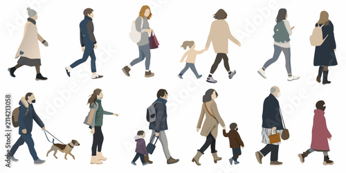 fifteen people walking in vector style illustration pedestrians street crowd urban city daily life activity movement lifestyle social interaction community diversity adults children dog