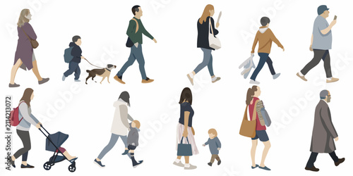 people walking vector illustrations pedestrians street urban city daily life activity group individuals men women children dogs strollers bags clothing accessories modern simple