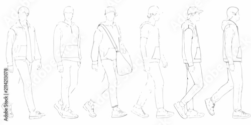 seven line drawn male figures in various poses drawing men sketches casual outfits walking stance standing pose fashion design character illustration artwork black