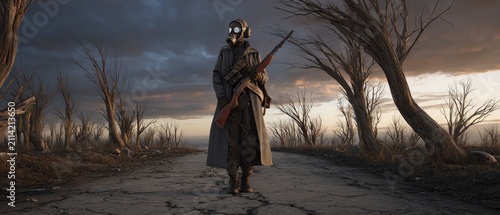 A lone figure walks through a desolate landscape.