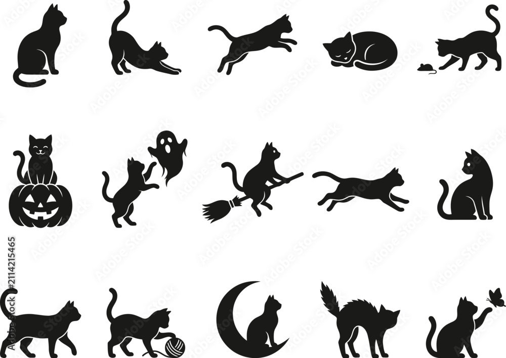 Obraz premium Set of black cat silhouettes in various poses with silhouette collection halloween