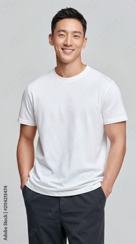 Obraz premium A smiling young man wearing a plain white t shirt stands in front of a neutral grey background while looking at the camera with a friendly expression