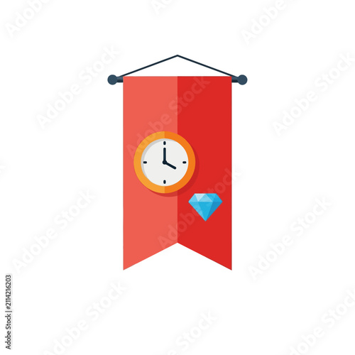 Red Banner with Clock and Diamond Flat Illustration