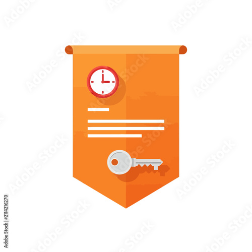 Orange Pennant Icon with Clock and Key Vector Illustration