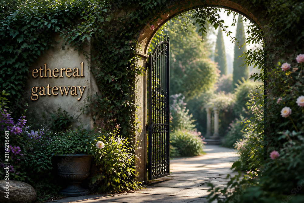 Fototapeta premium An ornate wrought-iron gateway opens into a lush, sunlit garden path.