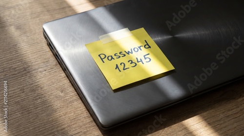 Yellow sticky note with password written on closed laptop surface representing cybersecurity risk vulnerability concept with written attached metallic