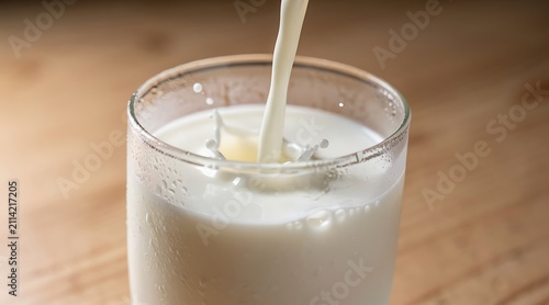 Fresh milk being poured into a clear glass on a wooden table.