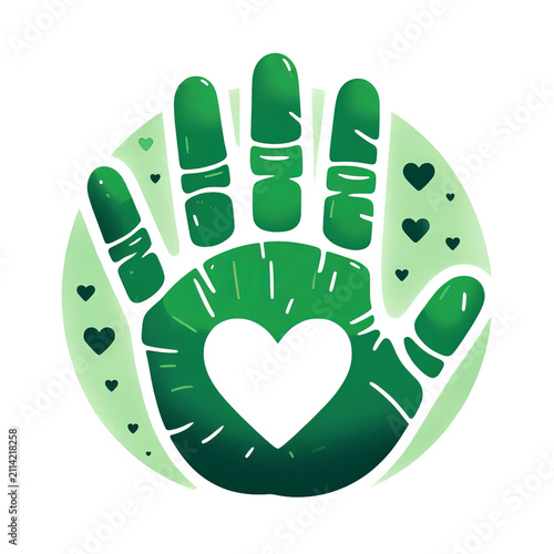 Green hand with heart symbol and small hearts, representing care and support