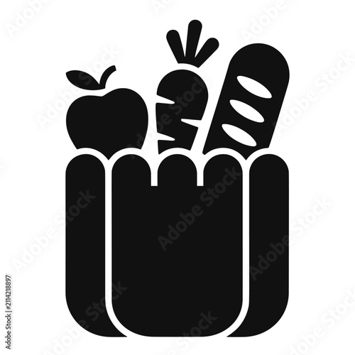 Grocery bag icon with fresh food including apple, carrot, and bread. Symbol for supermarket shopping, food delivery service, and nutrition.
