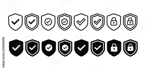 Security Shield Icon Set with Check Mark and Padlock in Outline and Solid Styles .Vector Illustration