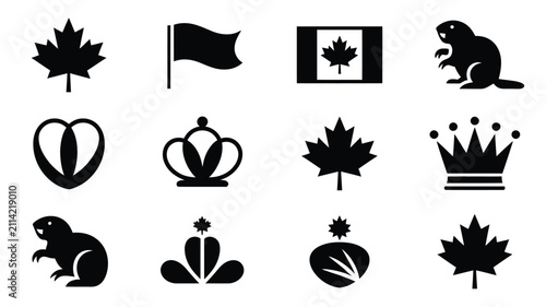 Tableau sur toile Black and white silhouette icons featuring national symbols crowns maple leaf fl