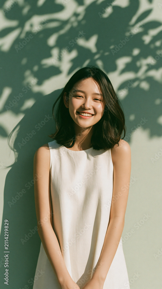 Fototapeta premium A young woman with a friendly smile stands against a green wall while soft tree shadows fall across her face and her white summer dress