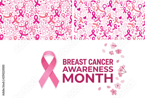 Seamless pattern background and logo design for breast cancer awareness month with pink ribbons and flowers