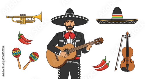 Mexican Mariachi Musician with Traditional Instruments and Chili Peppers